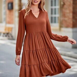 BIUBIU Women's 2023 Casual Fall Dress Long Sleeve V Neck Knee Length Flowy Tiere